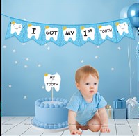 Blue First Tooth Banner and Cake Topper Kit (Pack of 2 Pcs)