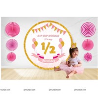 Half Birthday Backdrop and paper Fan Kit  ( Pink )