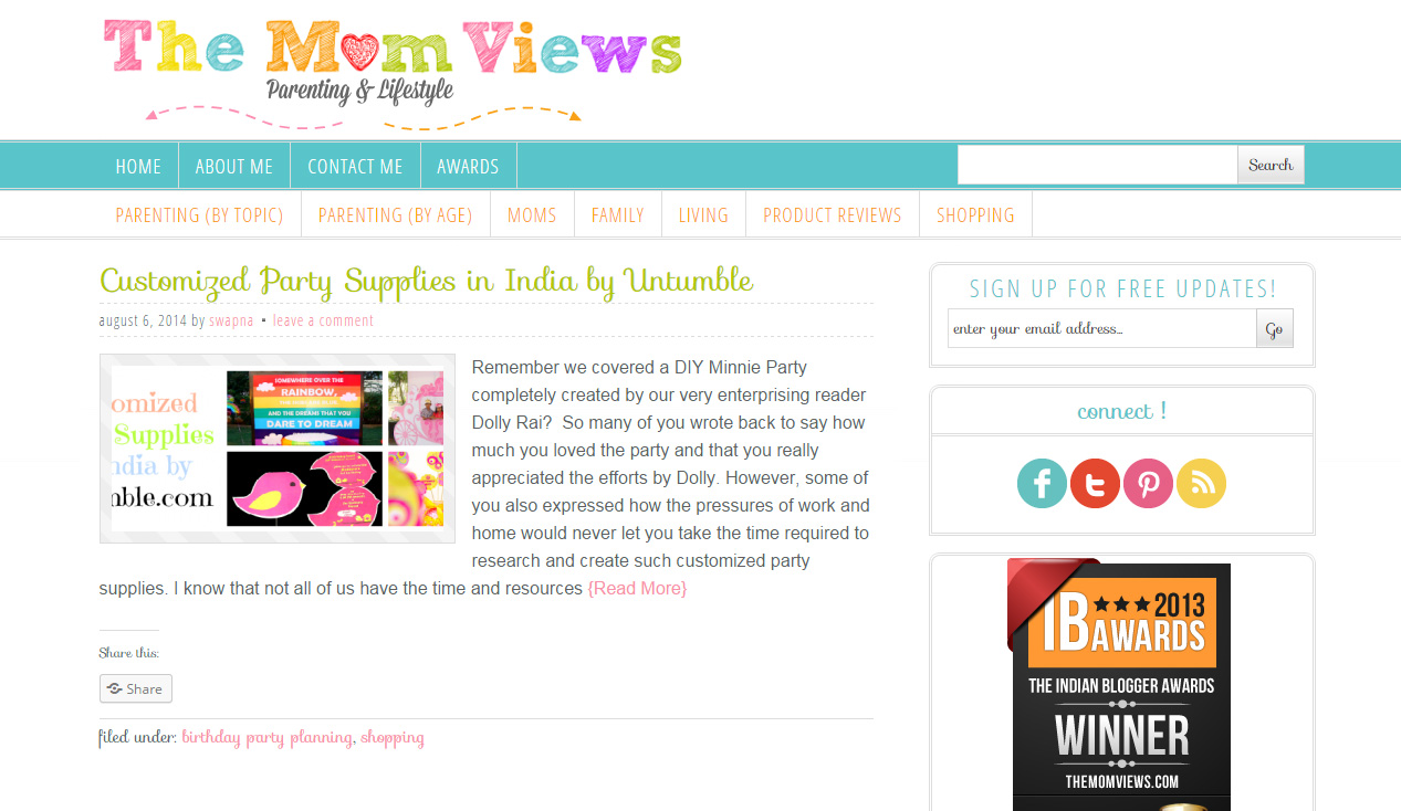 Leading parenting blog TheMomViews features Untumble party supplies
