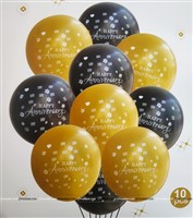 Happy Anniversary Latex Balloons Gold & Black Set of 10
