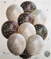 Happy Anniversary Latex Balloons Silver & Black Set of 10