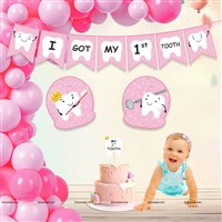 Pink First Tooth Banner, Topper, Poster and Balloons Kit (Pack of 24)