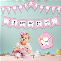 Pink First Tooth Banner, Triangle Bunting and Tooth Poster Kit (Pack of 3)