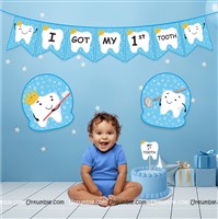 Blue First Tooth Banner, Cake Topper and Poster Kit ( Pack of 4)