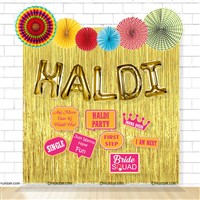 Haldi Foil Balloon and Paper Fan Curtain Kit with Photo Props