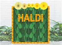 Haldi function Banana Leaf Backdrop with Yellow Paper Fans