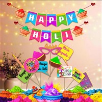 Happy Holi Banner & Photo Props  ( Pack of 12 pcs)