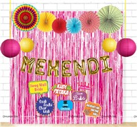 Mehendi Gold Foil Balloon,Lantern and Paper Fan Curtain Kit with Photo Props