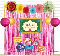 Mehendi Backdrop,Lantern and Paper Fan Curtain Kit with Photo Props - Pink